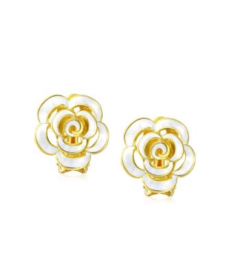 Set of 2 Enamel 3D White Blue Rose Flower Clip-On Earrings Gold Silver Plated
