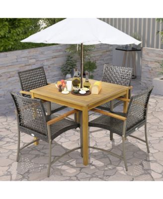 5 PCS Patio Dining Set Acacia Wood Table w/ 1.9'' Umbrella Hole Wicker Armchairs