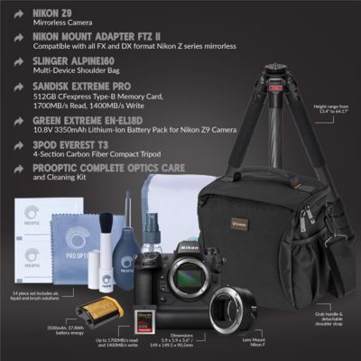 Z9 Mirrorless Camera with FTZ II Mount Adapter, Bundle with 512GB Memory Card, Battery, Tripod and Cleaning Kit