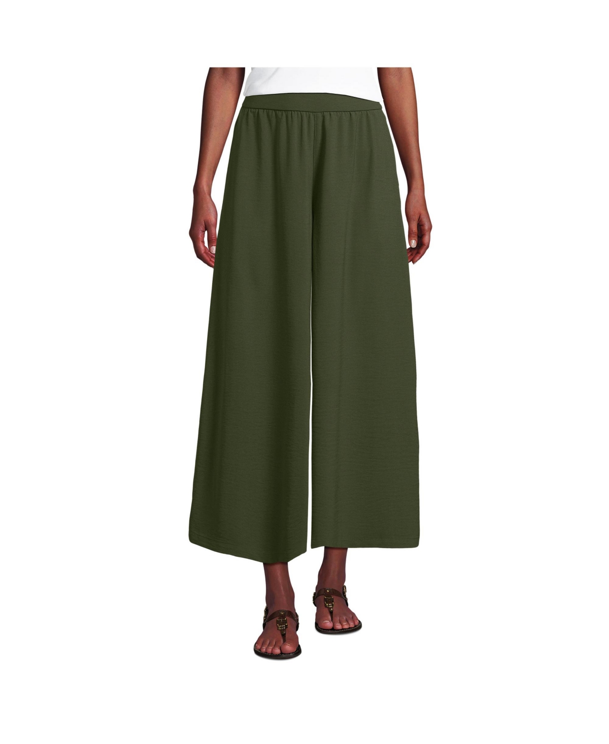 Lands' End Women's Creaseless High Rise Palazzo Crop Pants - Dark cilantro green