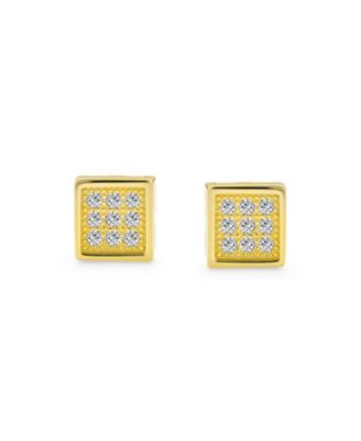 Geometric Hip Hop Square Cubic Zirconia Micro Pave CZ Stud Earrings Gold Plated .925 Sterling Silver