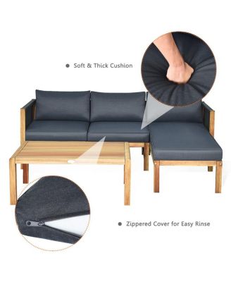 3PCS Patio Sofa Furniture Set Thick Cushion Acacia Wood