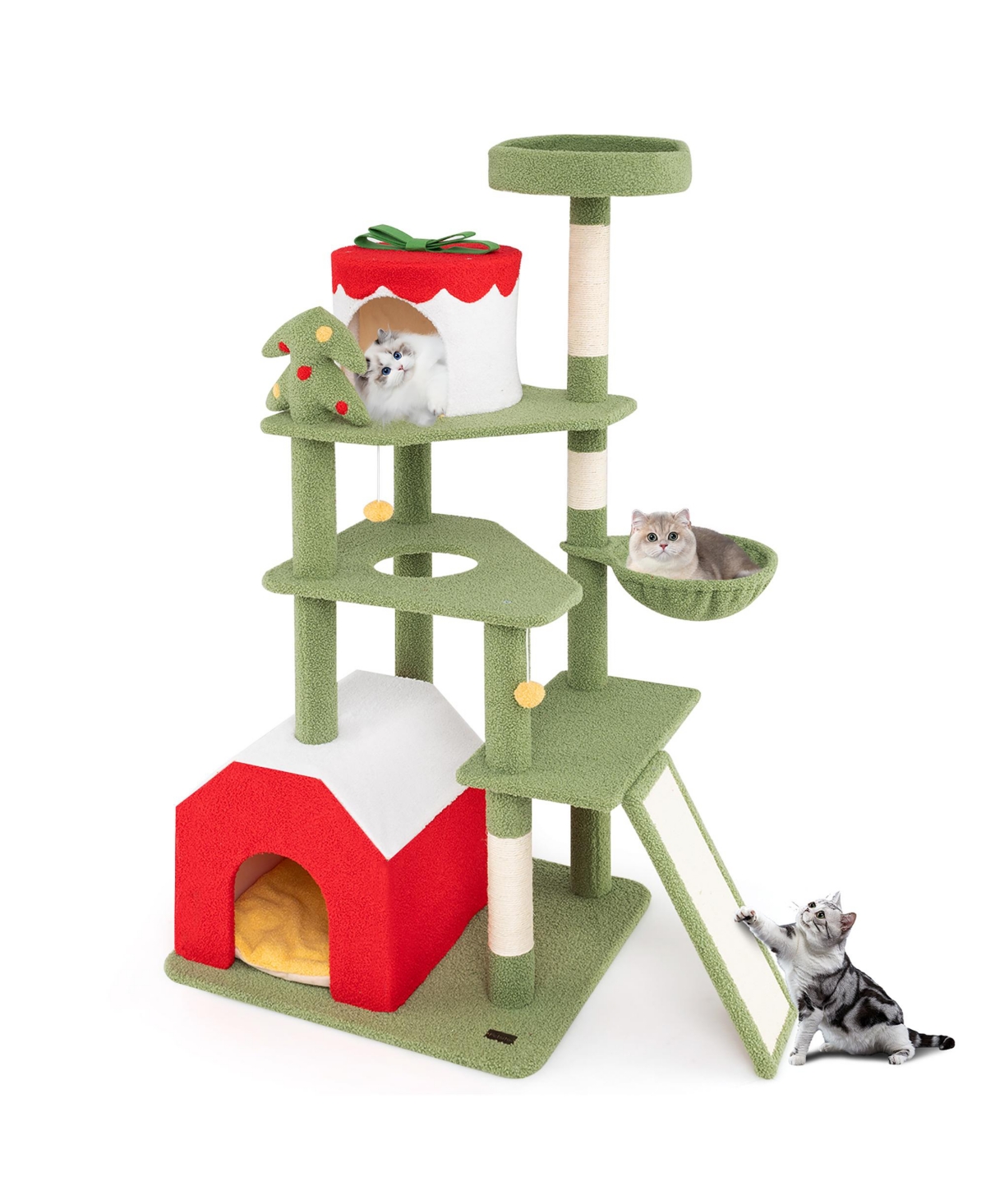 61'' Tall Christmas Cat Tree w/ Sisal Scratching Posts Plush Perch & 2 Condos - Green + red + yellow + white