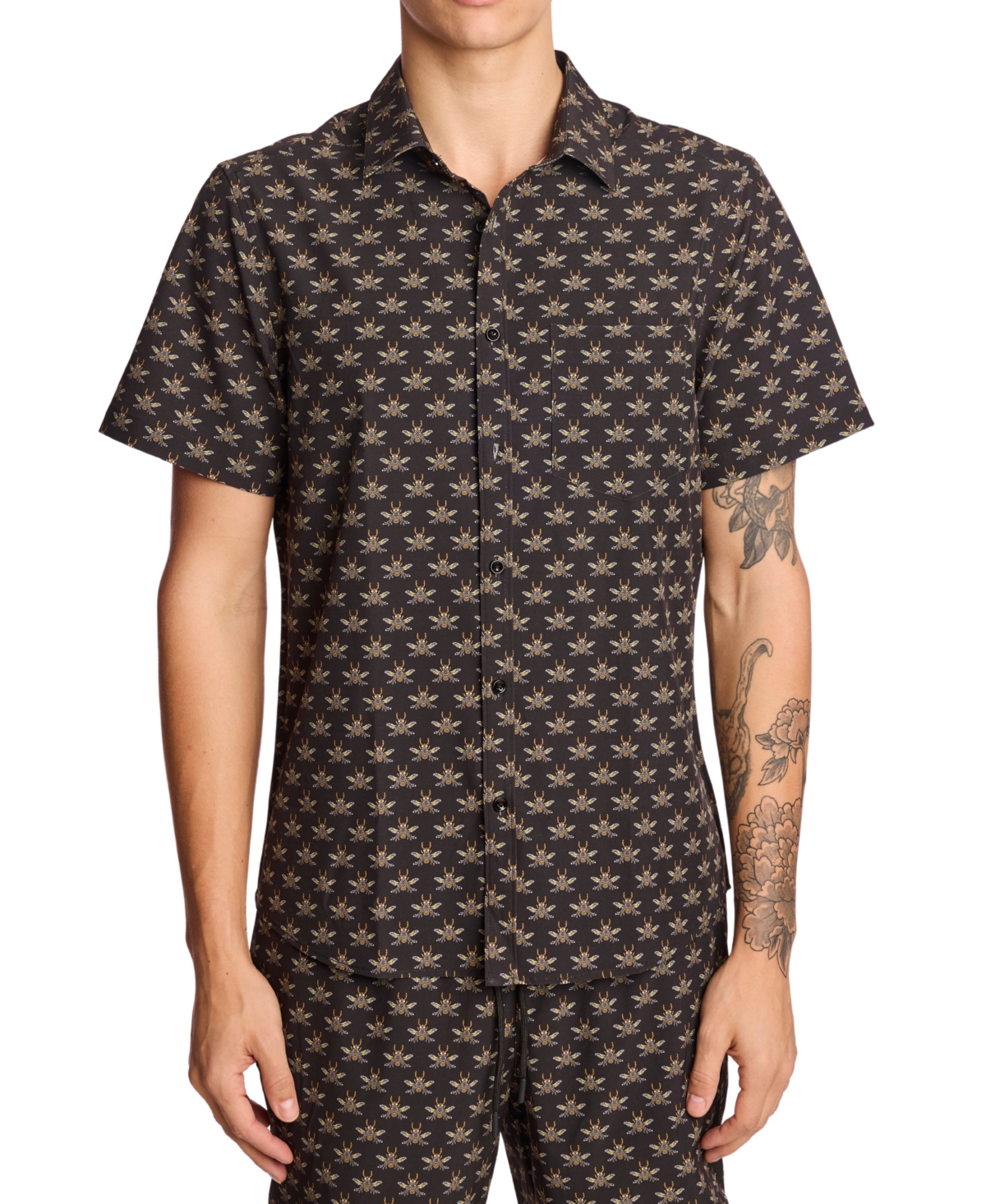 Men's Gilby Slim Fit Short Sleeve Printed Button-Front Swim Shirt - Black Bees