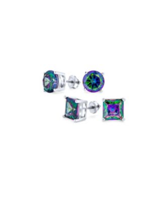 Set Of 2 Round Square Black Mystic Rainbow Cz Stud Earrings Sterling Silver