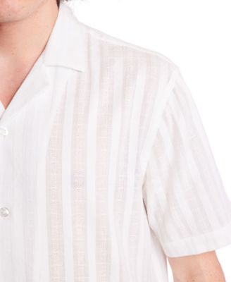 Men's Slim Fit Short Sleeve Textured Stripe Button Front Camp Shirt