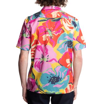 Men's Slim Fit Short Sleeve Floral Print Button Front Camp Shirt