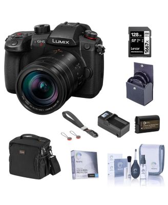 LUMIX GH5II Mirrorless Camera with Leica 12-60mm f/2.8-4.0 Lens Bundle with 128GB SD Card, Bag, Extra Battery, Charger, Wrist Strap, Filter