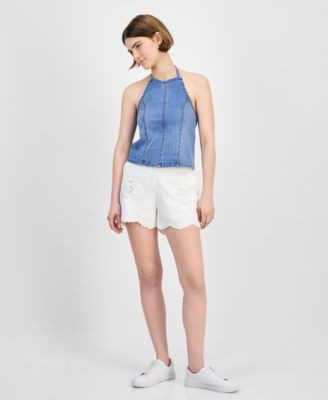 Petite Denim Halter-Neck Seamed Top, Exclusively at Macy's
