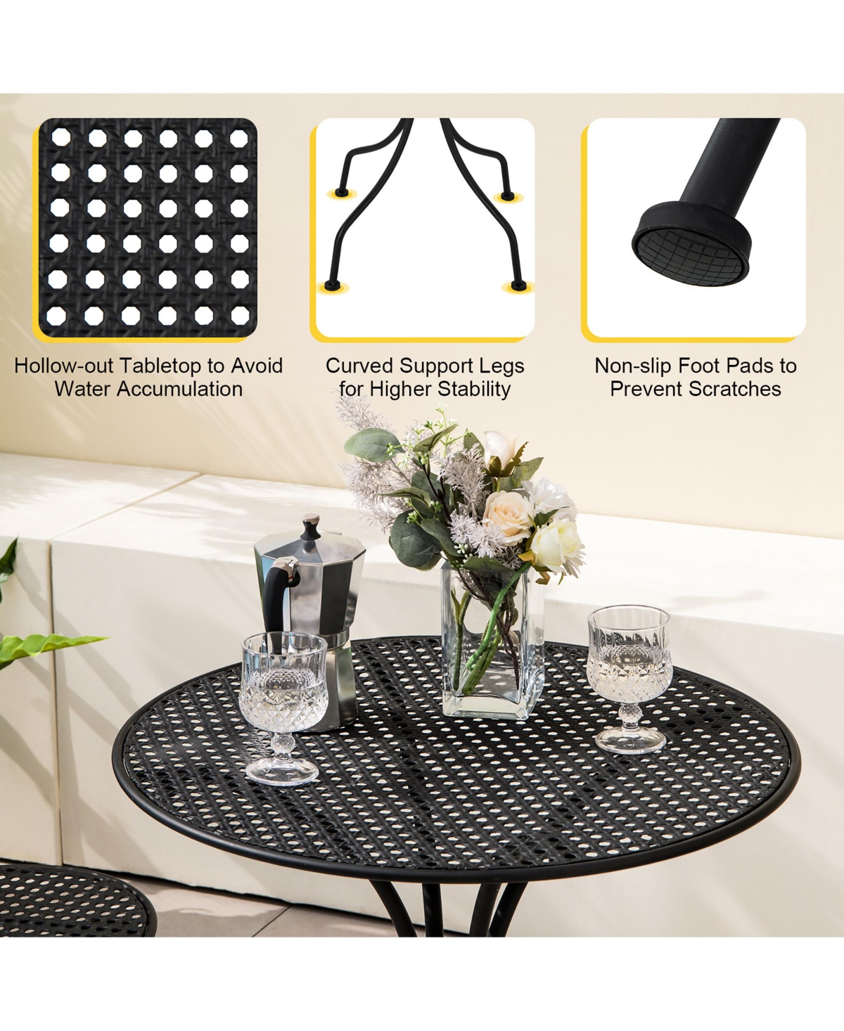 Gymax 3 Pcs Patio Bistro Set All-weather Metal Table & Chair Set for 2 Person Modern Furniture Set