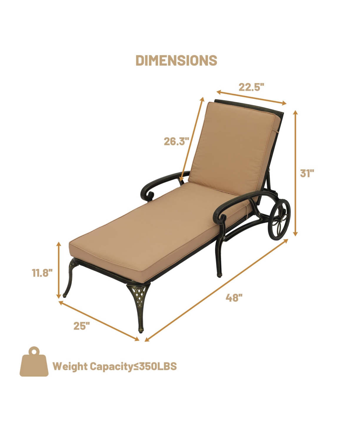 Mondawe Outdoor Cast Aluminum Chaise Lounge Chair with Wheel and Cushion
