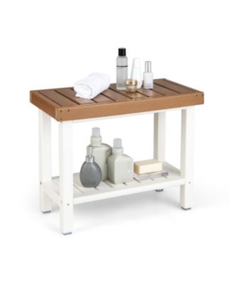 2-Tier HDPE Shower Chair with Storage Shelf and Anti-slip Foot Pads for Bath Spa-Brown