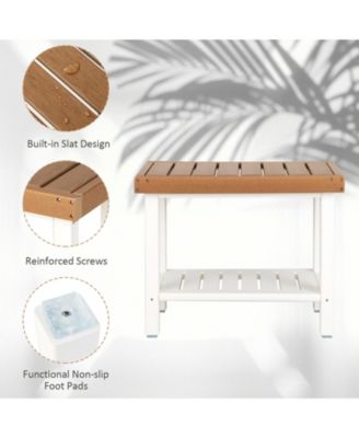 2-Tier HDPE Shower Chair with Storage Shelf and Anti-slip Foot Pads for Bath Spa-Brown