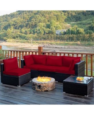 5PCS Patio Rattan Furniture Set Cushioned Sofa Chair Coffee Table