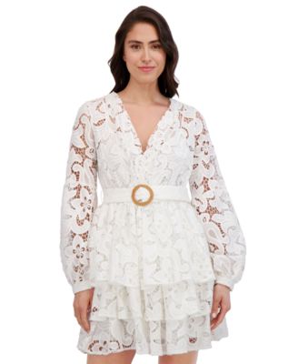 Women's Blouson-Sleeve Tiered Lace A-Line Dress