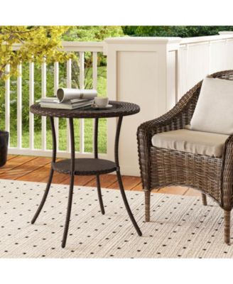 Round Rattan Wicker Coffee Table Glass Top Steel Frame Patio Furni W/Lower Shelf
