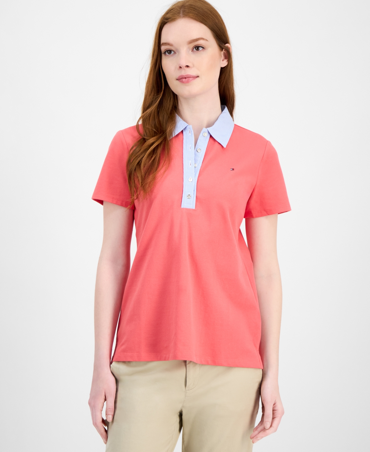 Tommy Hilfiger Womens Button Front Short Sleeve Polo Top In Red