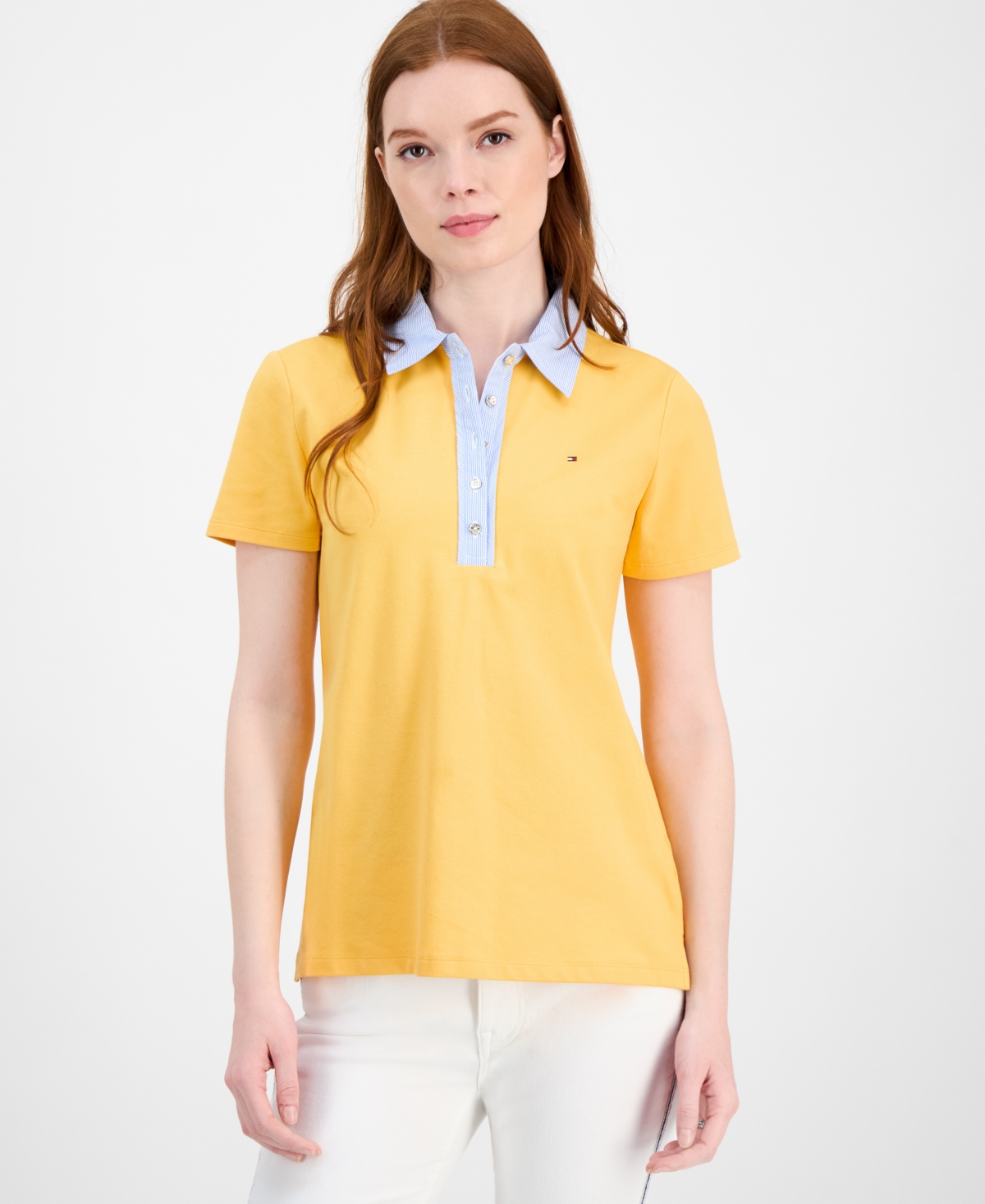 Tommy Hilfiger Womens Button Front Short Sleeve Polo Top In Yellow