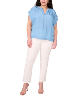 Plus Size Shirred Split-Neck Peasant Top