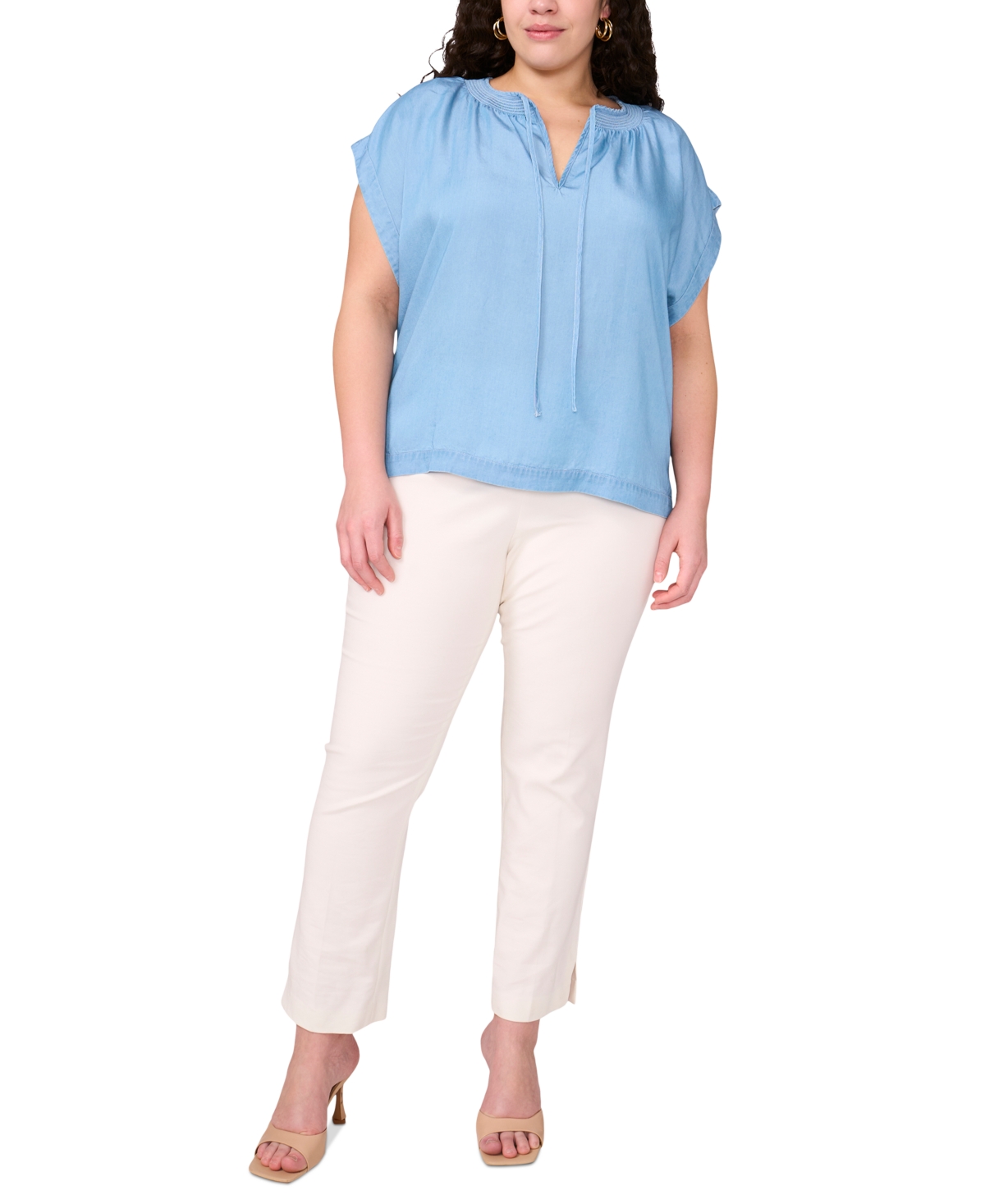 Vince Camuto Plus Size Shirred Split-neck Peasant Top