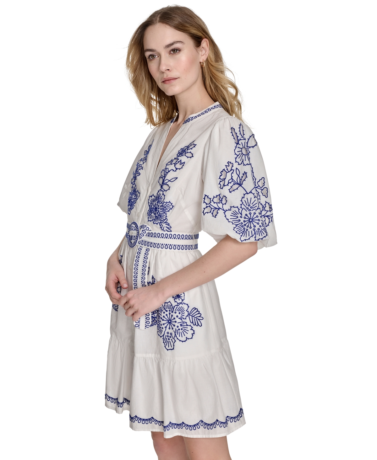 Shop Eliza J Petite Embroidered Belted Button-front Cotton Dress