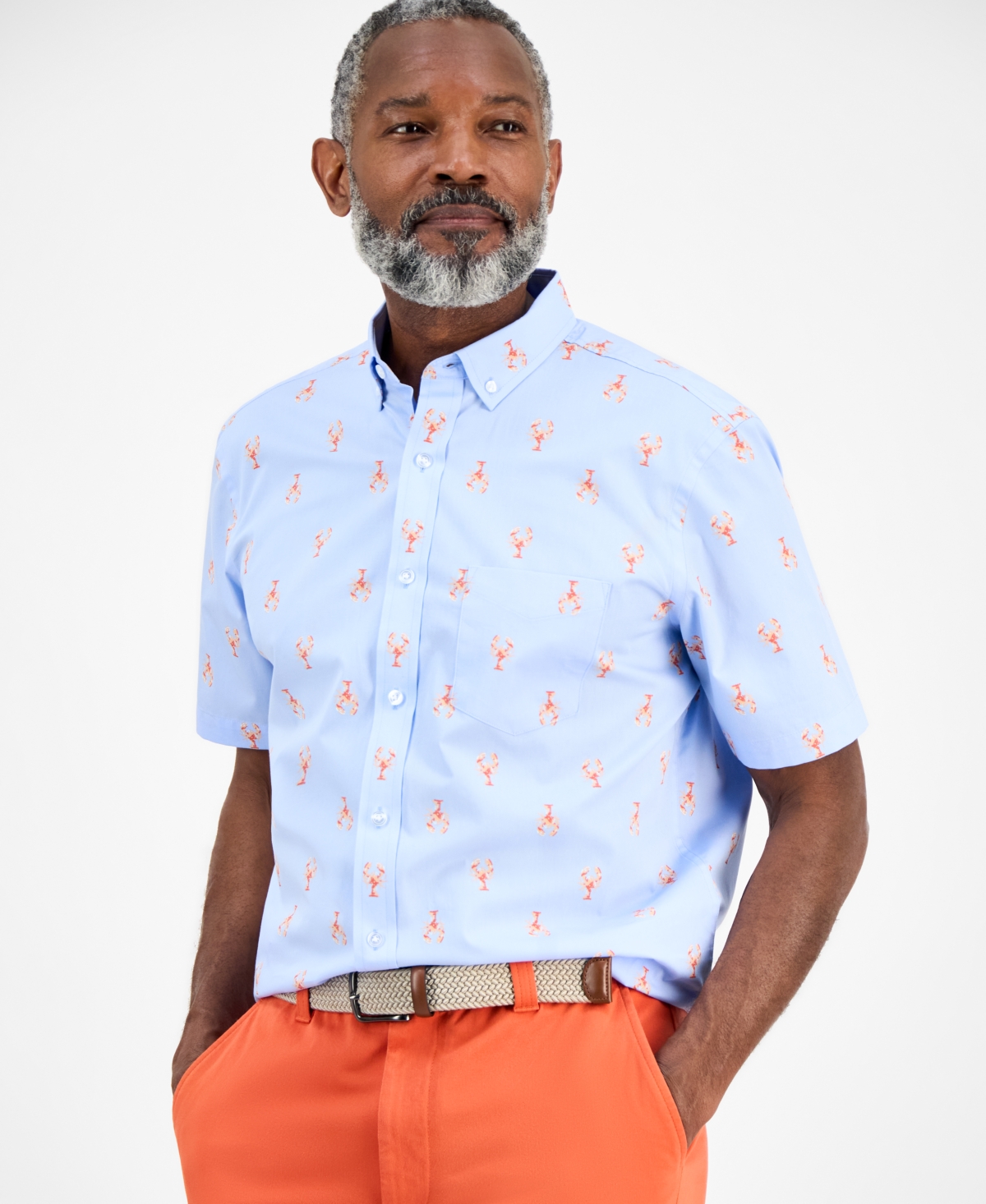 Men's Short Sleeve Lobster Print Button-Down Shirt, Exclusively at Macy's - Navy