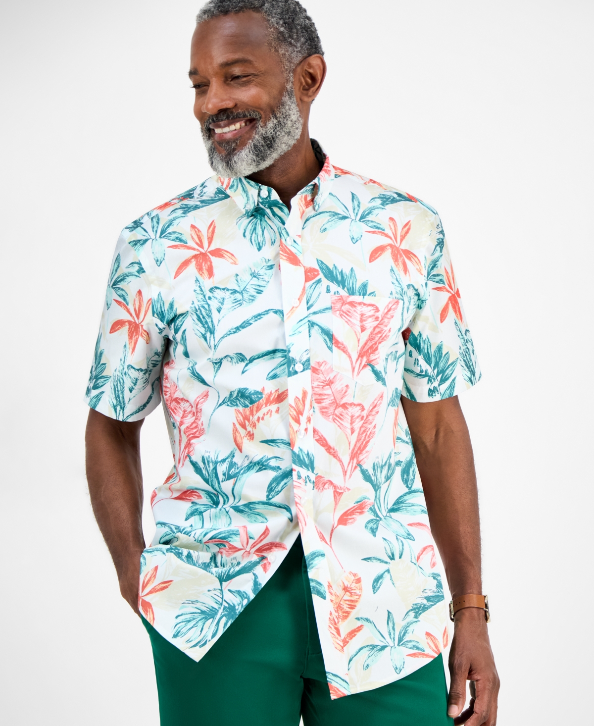 Men's Numa Regular-Fit Floral Button-Down Poplin Shirt, Exclusively at Macy's - White