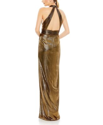 Women's Metallic Criss Cross Halter Neck Gown