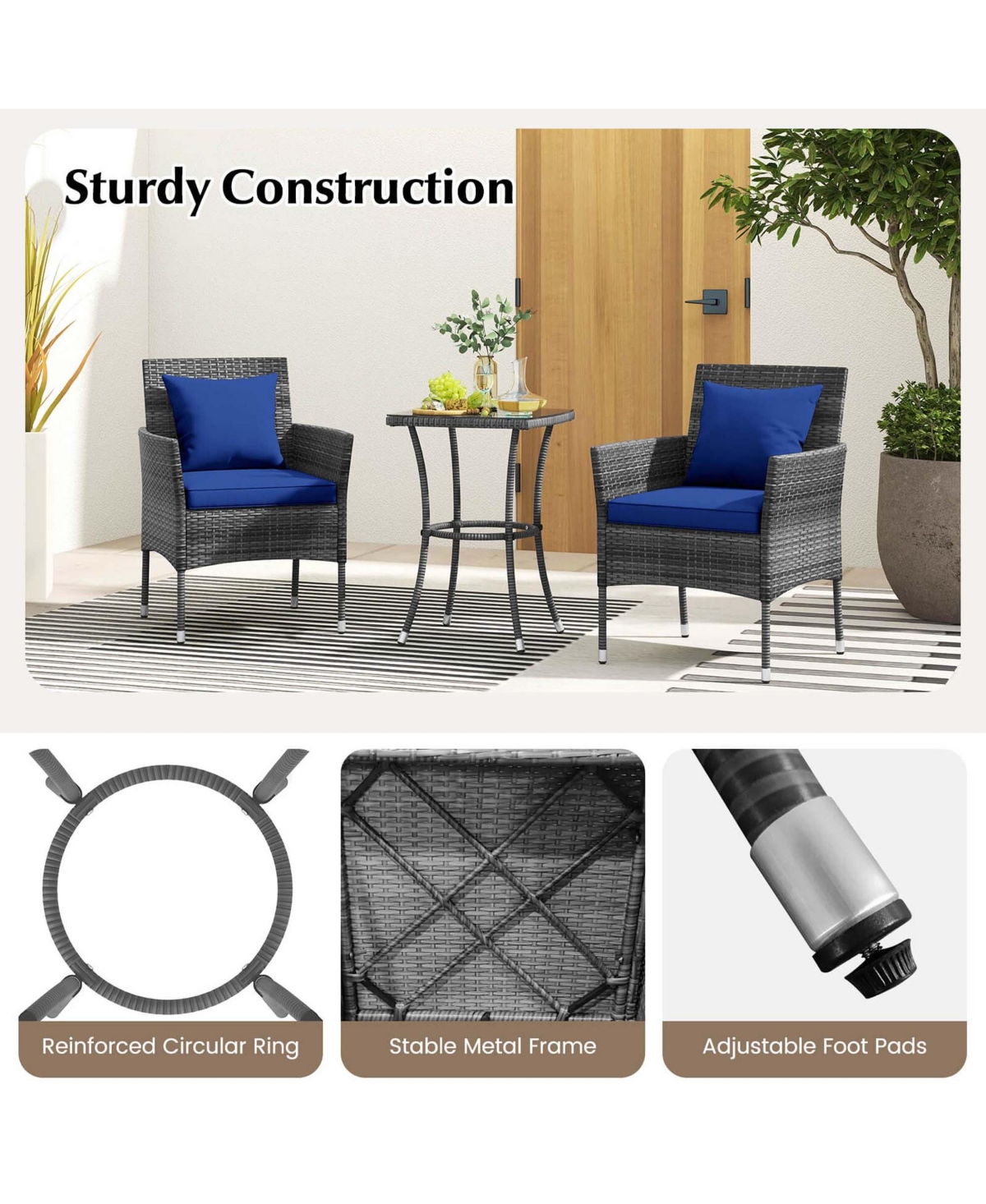 3 Pcs Patio Furniture Set witn Cushioned Chairs & Tempered Glass Coffee Table