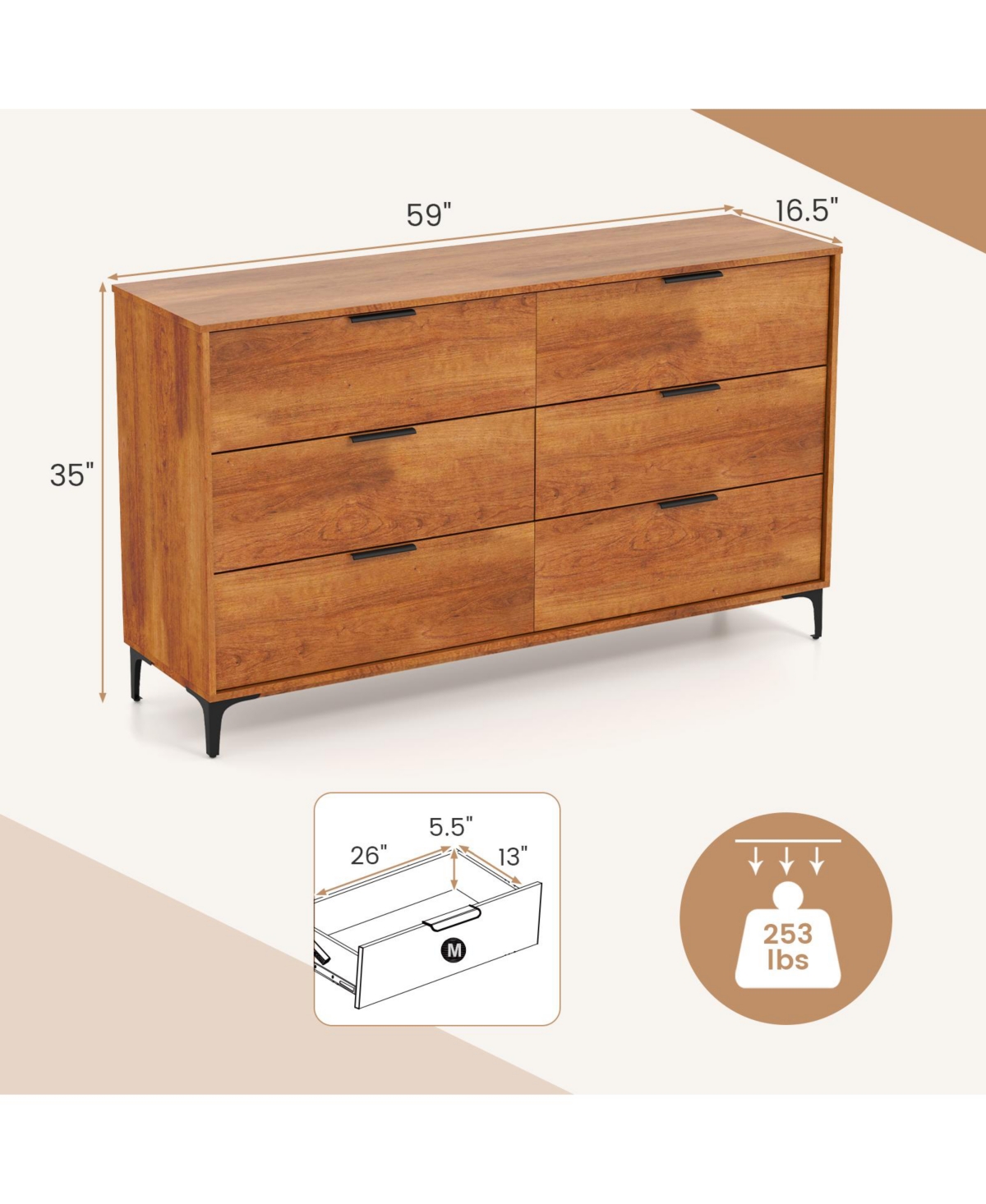 6-Drawer Dresser with Interlock System – Spacious Storage for Bedroom or Living Room