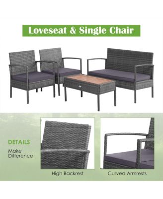 8PCS Patio Rattan Furniture Set Cushioned Chair Wooden Tabletop Gray