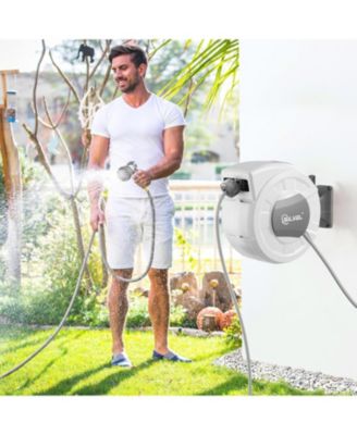 Retractable Garden Hose Reel, 1/2 in x 100 ft Wall Mounted Garden Hose Reel, with 10 Pattern Nozzle, Any Length Lock, Slow Return System, 180°Swivel Bracket