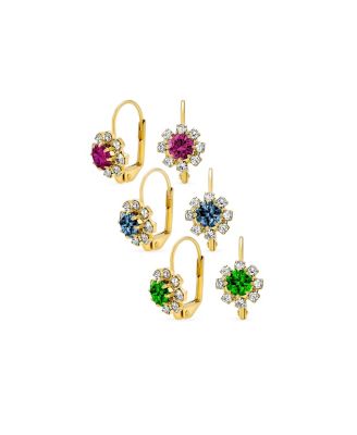 Set of 3 Multi Color Crystal Flower Gold Plated Drop Earrings Lever Back