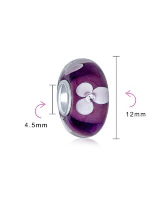 Set of 4 White Purple Flower Murano Glass Spacer Charm Bead Sterling Silver Core