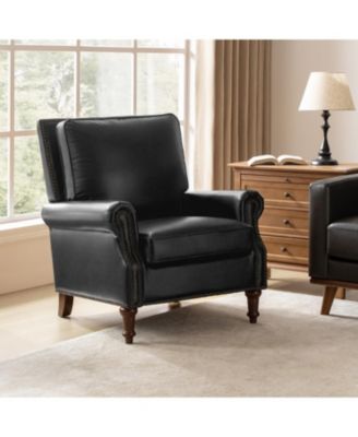 Wajeeh 33"W Mid-Century Modern Buttery Genuine Leather Accent Chair With Solid Wood Legs