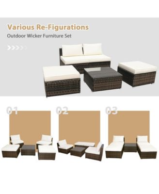 5PCS Patio Rattan Wicker Furniture Set Armless Sofa Ottoman Cushioned Garden