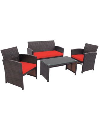 4PCS Patio Rattan Furniture Set Cushioned Chair Sofa Coffee Table