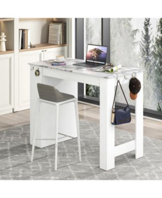 Faux Marble Bar Table with Storage Shelf and 7 Hooks for Home Bar or Kitchen