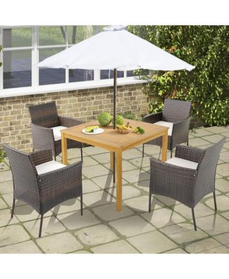 5 PCS Patio Dining Set Acacia Wood Table w/ 1.9'' Umbrella Hole Cushioned Chairs