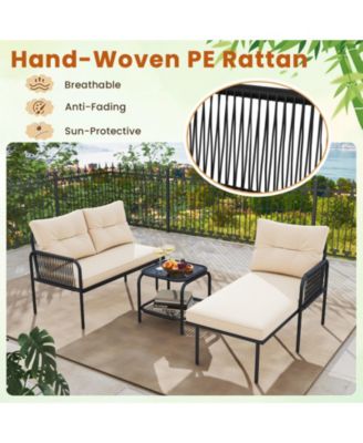3-Piece L Shaped Patio Furniture Set w/Tempered Glass Table Back & Seat Cushions