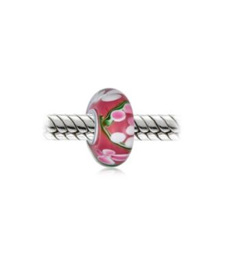 Set of 4 Pink Red Floral Hibiscus Glass Charm Bead Silver for European Bracelet