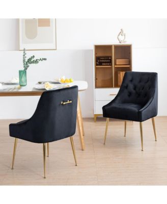 Modern Velvet Upholstered Dining Chairs Set of 2, Mid Century Side Chairs with 5.12” Cushions and Back Pull Rod for Kitchen, Living Room