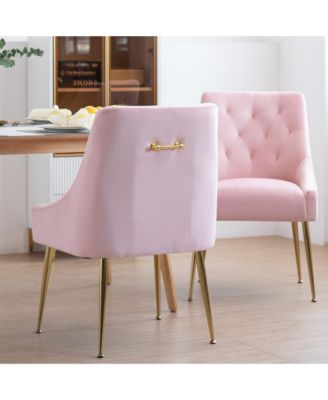 Modern Velvet Upholstered Dining Chairs Set of 2, Mid Century Side Chairs with 5.12” Cushions and Back Pull Rod for Kitchen, Living Room