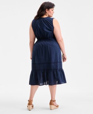 Plus Size V-Neck Sleeveless Lace-Inset Midi Dress