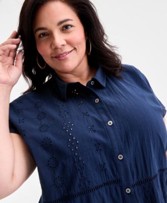 Plus Size Eyelet Camp Shirt, Exclusively at Macy's 