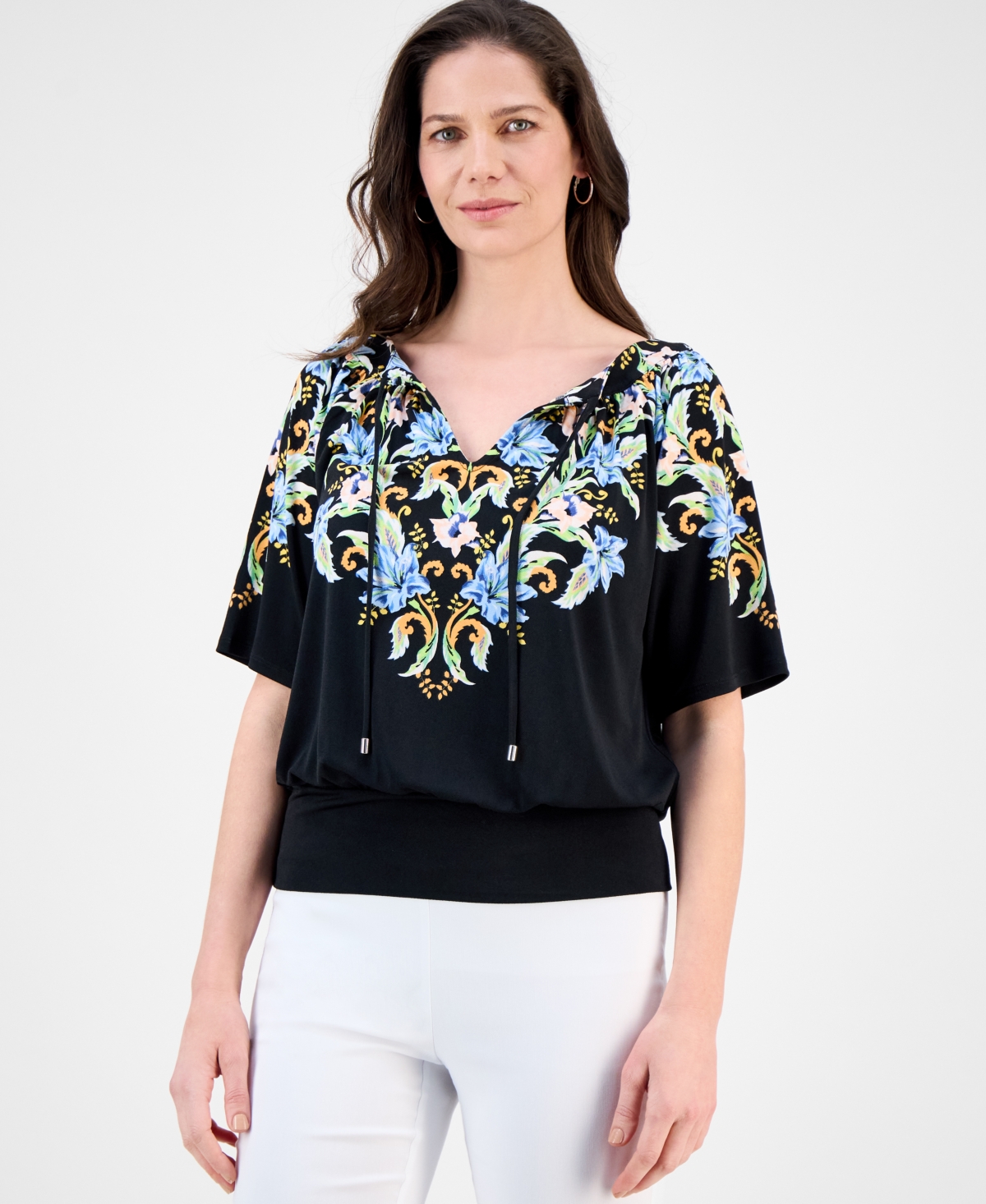 Women's Printed Split-Neck Elbow-Sleeve Top, Exclusively at Macy's - Magnolia Blossom Combo