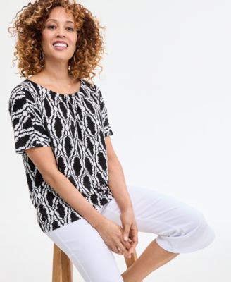 Women's Printed Pleat Neck Short-Sleeve Top, Exclusively at Macy's