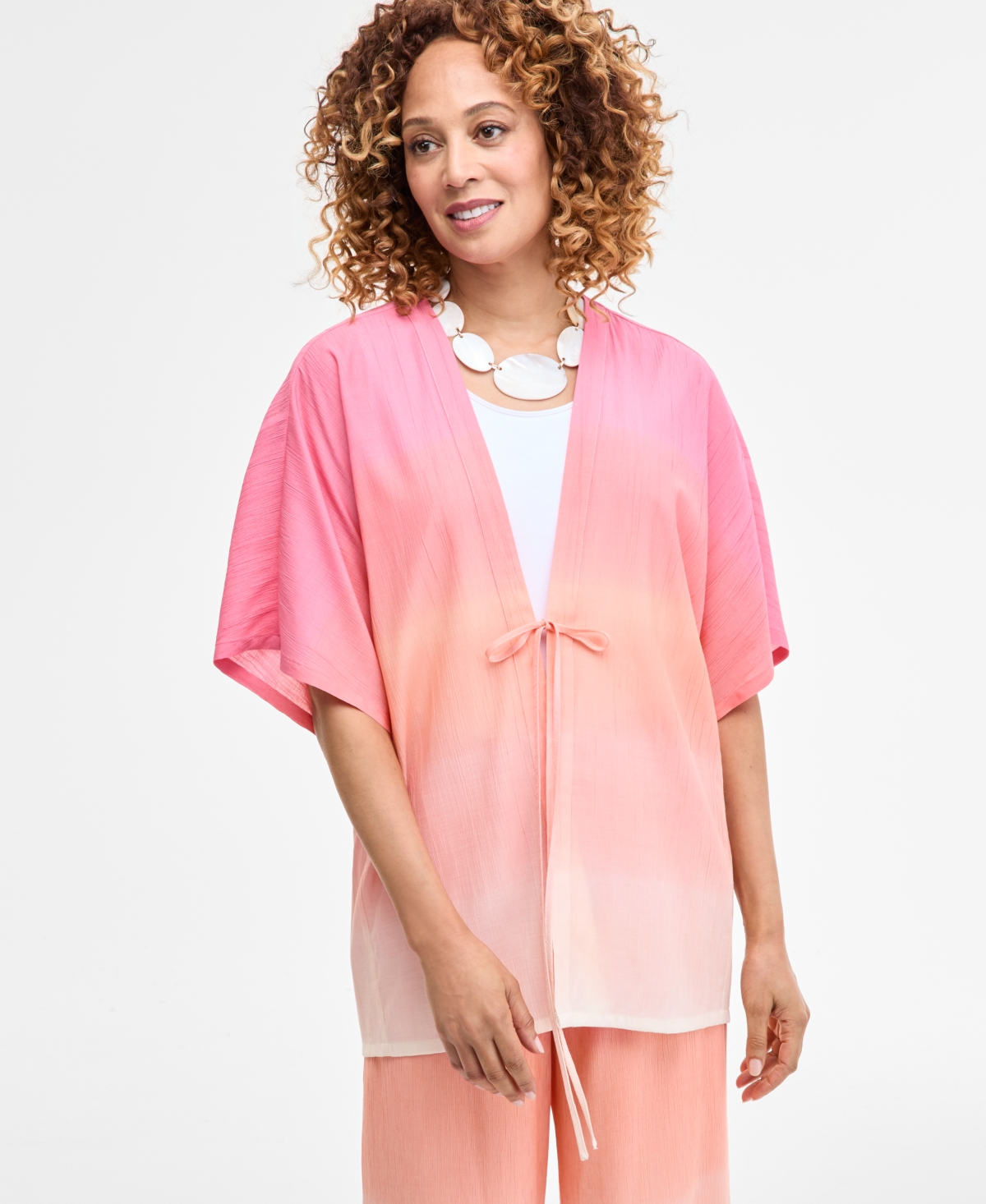 Women's Ombre Crinkle Tie-Front Jacket, Exclusively at Macy's - Peony Twinkle Combo