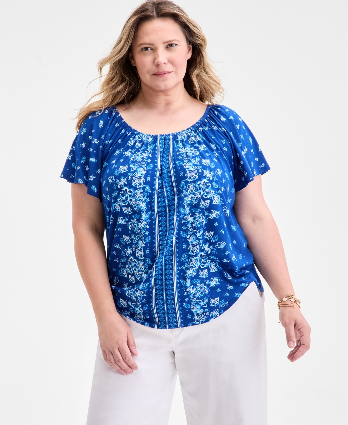 Plus Size Printed Scoop-Neck Shirred Top, Exclusively at Macy's - Abyss Blue Combo