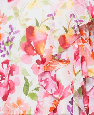 Women's Floral Print Ruffled Sleeveless Gown